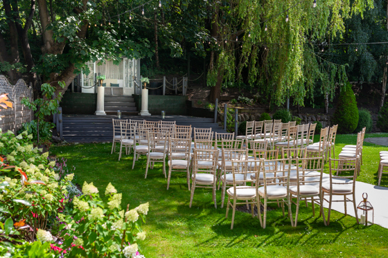 Outdoor wedding ceremony set up with chiavari chairs at The Venue, Eskmills in East Lothian